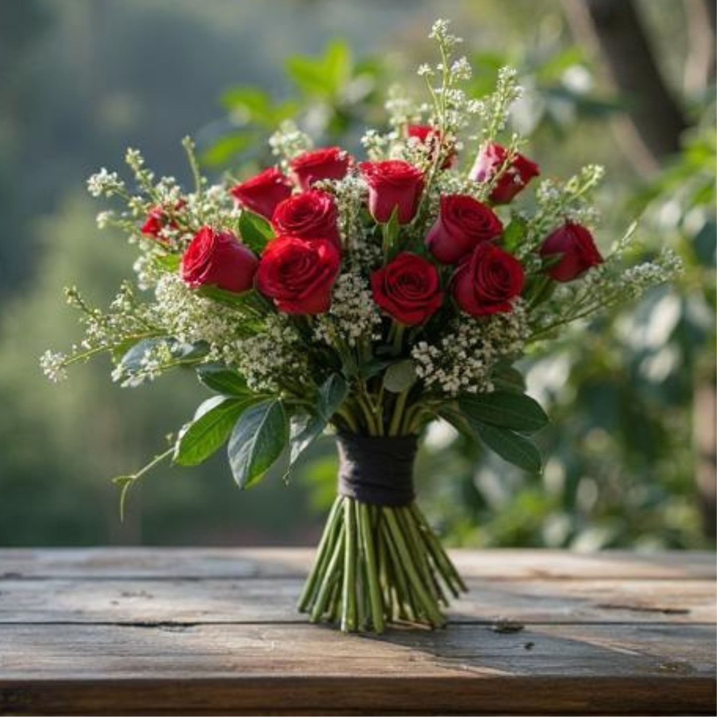 dOZEN RED ROSES IN A HND TIED BOUQUET WITH PRETTY WHITE FILLER FLOWERS AND FOLIAGE ON A WOODEN TABLE
