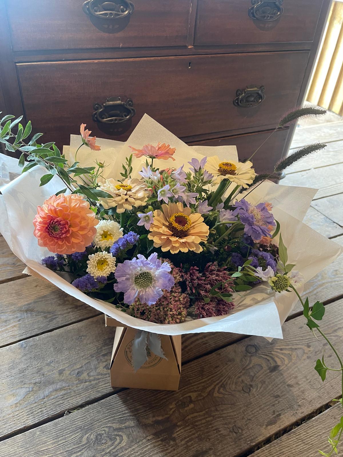 Luxury seasonal bouquet of British-grown Zinnias, Campanula, scabious and cosmos – eco florist Ledbury