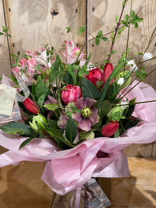 Luxury seasonal bouquet of British-grown Hellebores, Tulips, Alstromeria and cosmos – eco florist Ledbury