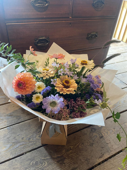 Luxury seasonal bouquet of British-grown Zinnias, Campanula, scabious and cosmos – eco florist Ledbury