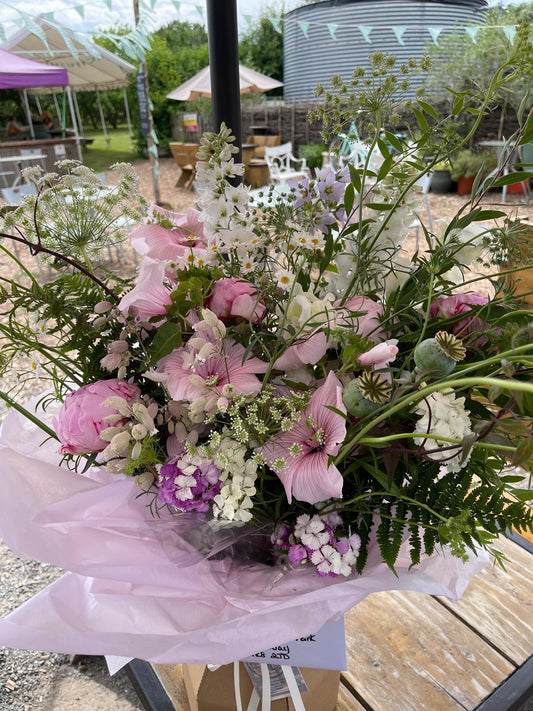 British-grown bouquet with malope, delphinium, ammi, poppies, feverfew and mint – Ledbury florist